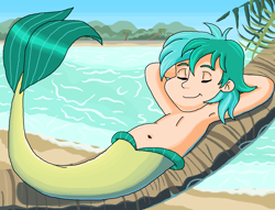 Size: 1089x830 | Tagged: safe, artist:ocean lover, derpibooru import, sandbar, human, arm behind head, beach, belly, belly button, blue sky, chest, cute, eyes closed, fins, handsome, hill, human coloration, humanized, island, lying down, male, merboy, merman, mermanized, ocean, palm tree, raised tail, relaxing, resting, sand, shadow, sky, sleeping, smiling, solo, species swap, tail, tail fin, teenager, tree, tropical, water, wave