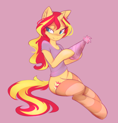 Size: 1714x1776 | Tagged: safe, artist:fajeh, derpibooru import, sunset shimmer, semi-anthro, unicorn, blushing, clothes, female, hat, hoof hold, mare, party hat, pink background, shirt, simple background, sitting, smiling, socks, solo, striped socks, t-shirt, thigh highs