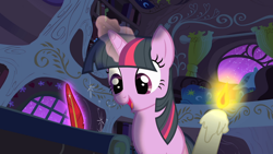 Size: 1200x675 | Tagged: safe, derpibooru import, screencap, twilight sparkle, unicorn twilight, pony, unicorn, owl's well that ends well, season 1, candle, candlelight, cute, female, golden oaks library, magic, night, solo, telekinesis, twiabetes, writing