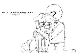 Size: 3508x2480 | Tagged: artist needed, safe, derpibooru import, oc, oc only, oc:anon, oc:floor bored, earth pony, human, pony, /mlp/, clothes, crying, dialogue, female, holding a pony, hoodie, hug, kneeling, mare, monochrome, pants, sad, shirt, sitting