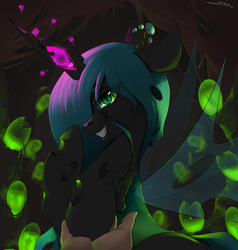 Size: 4000x4200 | Tagged: safe, artist:skitsroom, derpibooru import, queen chrysalis, changeling, changeling queen, evil grin, female, green eyes, grin, hand, high res, hive, holding hooves, larva, smiling, solo, teeth