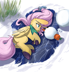 Size: 2480x2584 | Tagged: safe, artist:i love hurt, derpibooru import, fluttershy, pegasus, pony, g4, alone, background, butt, clothes, face to face, female, mare, plot, scarf, snowman, winter