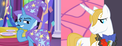 Size: 1900x720 | Tagged: safe, derpibooru import, edit, edited screencap, screencap, prince blueblood, trixie, unicorn, no second prances, the best night ever, bluetrix, bowtie, cape, clothes, cropped, female, flower, grin, hat, male, rose, shipping, smiling, straight, trixie's cape, trixie's hat, twinkle, waving