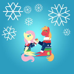 Size: 2160x2160 | Tagged: safe, anonymous artist, derpibooru import, big macintosh, fluttershy, oc, oc:late riser, earth pony, pegasus, pony, series:fm holidays, series:hearth's warming advent calendar 2022, advent calendar, baby, baby pony, christmas, christmas sweater, clothes, colt, family, female, fluttermac, foal, high res, holding a pony, holiday, lineless, looking at you, male, mare, offspring, parent:big macintosh, parent:fluttershy, parents:fluttermac, pointy ponies, shipping, sitting, smiling, smiling at you, snow, snowflake, stallion, straight, sweater