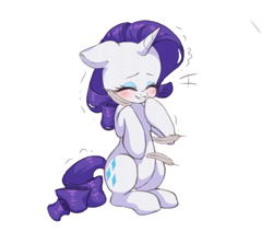 Size: 500x424 | Tagged: safe, artist:sleepysheepytea, derpibooru import, rarity, feather, simple background, solo, tickling, white background