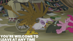 Size: 1920x1080 | Tagged: safe, derpibooru import, edit, edited screencap, editor:quoterific, screencap, gilda, pinkie pie, the lost treasure of griffonstone