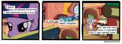 Size: 720x261 | Tagged: safe, edit, edited screencap, screencap, spike, twilight sparkle, dragon, spike at your service, a softer world, bed, book, comic, golden oaks library, screencap comic, text