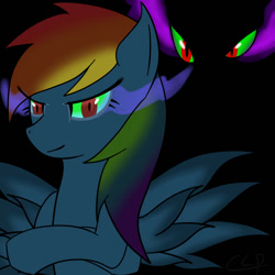 Size: 800x800 | Tagged: safe, artist:cat-morrison, derpibooru import, king sombra, rainbow dash, pegasus, pony, umbrum, unicorn, black background, corrupted, corrupted rainbow dash, crossed hooves, dark magic, darkened coat, darkened hair, duo, duo male and female, female, female focus, looking at you, magic, male, mare, mind control, possessed, possession, simple background, solo focus, sombra eyes, spread wings, wings