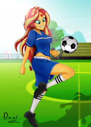 Size: 2268x3170 | Tagged: safe, artist:danielitamlp, derpibooru import, sunset shimmer, equestria girls, ball, bleachers, breasts, clothes, deviantart watermark, female, football, grass, obtrusive watermark, raised leg, shoes, shorts, signature, soccer field, socks, solo, sports, uniform, watermark