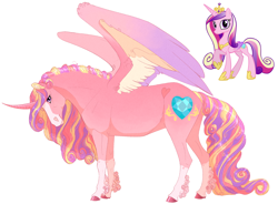 Size: 1900x1400 | Tagged: safe, artist:neighbaby, derpibooru import, princess cadance, alicorn, pony, bald face, blaze (coat marking), coat markings, colored hooves, colored wings, curly fetlocks, curved horn, facial markings, female, heart, heart mark, horn, looking at you, mare, multicolored mane, multicolored tail, multicolored wings, side view, simple background, smiling, smiling at you, socks (coat marking), solo, tail, unshorn fetlocks, white background, wings