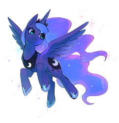 Size: 969x1000 | Tagged: safe, artist:hosikawa, derpibooru import, princess luna, alicorn, pony, female, flying, looking back, looking over shoulder, looking sideways, looking to side, looking to the right, mare, simple background, solo, spread wings, stars, white background, wings