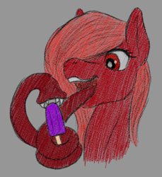 Size: 550x600 | Tagged: safe, artist:stray prey, derpibooru import, oc, oc only, oc:bloodworm, original species, pony, body horror, eating, eldritch abomination, female, food, gray background, long tongue, mare, open mouth, popsicle, simple background, solo, sternocleidomastoid, tongue, tongue out