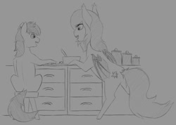 Size: 1280x909 | Tagged: safe, artist:stray prey, derpibooru import, oc, oc only, oc:flare, oc:lucent, bat pony, pony, unicorn, butt, monochrome, plot, sitting