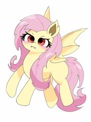 Size: 1530x2048 | Tagged: safe, artist:leo19969525, derpibooru import, fluttershy, bat pony, hybrid, pegasus, pony, cute, ears, ears up, female, flying, hair, mane, mare, red eyes, shyabetes, simple background, solo, spread wings, tail, white background, wings
