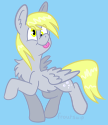 Size: 684x789 | Tagged: safe, artist:froutsuip, derpibooru import, derpy hooves, pegasus, pony, :p, blue background, chest fluff, silly, silly pony, simple background, solo, spread wings, tongue, tongue out, wings