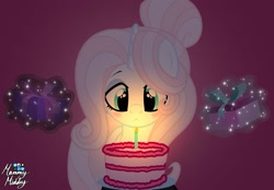 Size: 2048x1423 | Tagged: safe, artist:mommymidday, derpibooru import, oc, oc only, oc:mommy midday, pony, unicorn, :<, birthday, birthday cake, blushing, cake, candle, food, magic, magic aura, present, show accurate, signature, solo, sparkly eyes, telekinesis, wingding eyes