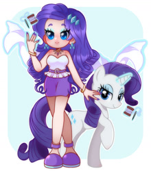 Size: 1480x1680 | Tagged: safe, artist:purin-sama, derpibooru import, rarity, human, pony, unicorn, bare shoulders, cute, glowing, glowing hands, glowing horn, horn, human ponidox, humanized, kotobukiya, kotobukiya rarity, magic, rarity peplum dress, self paradox, self ponidox, sewing needle, sleeveless, strapless