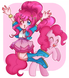 Size: 1480x1680 | Tagged: safe, artist:purin-sama, derpibooru import, pinkie pie, earth pony, human, pony, cute, human ponidox, humanized, jumping, kotobukiya, kotobukiya pinkie pie, one eye closed, open mouth, open smile, self paradox, self ponidox, smiling, wink