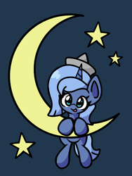 Size: 720x955 | Tagged: safe, artist:derp pone, derpibooru exclusive, derpibooru import, princess luna, alicorn, pony, cartographer's cap, crescent moon, cute, female, filly, foal, hat, looking at you, lunabetes, moon, smiling, smiling at you, solo, stars, tangible heavenly object, woona, younger