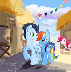 Size: 2353x2386 | Tagged: safe, artist:celedash, derpibooru import, pinkie pie, rainbow dash, soarin', earth pony, pegasus, pony, blushing, chest fluff, colt, duo focus, female, looking at each other, looking at someone, male, mare, ponyville, romance, shipping, soarindash, stallion, straight, sunny day, trio, unshorn fetlocks