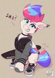 Size: 2827x4005 | Tagged: safe, alternate version, artist:pedalspony, derpibooru import, oc, oc:pedals, pegasus, pony, choker, clothes, cute, dialogue, ear piercing, female, hoodie, looking at you, piercing, pride, pride flag, shoes, simple background, sitting, skate shoes, skateboard, skater, smiling, solo, tail, teeth, wings