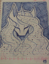 Size: 955x1257 | Tagged: safe, artist:prettyshinegp, derpibooru import, oc, oc only, pony, unicorn, bust, ethereal mane, eyes closed, female, horn, lined paper, mare, solo, starry mane, traditional art, unicorn oc