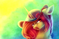 Size: 3000x2000 | Tagged: safe, artist:prettyshinegp, derpibooru import, oc, oc only, pony, unicorn, abstract background, bust, female, hat, horn, mare, signature, solo, sun hat, unicorn oc