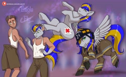 Size: 7471x4613 | Tagged: safe, artist:splashtf, derpibooru import, oc, oc only, human, pegasus, pony, clothes, female, helmet, male, mare, patreon, patreon logo, pegasus oc, shorts, transformation, transformation sequence, transgender transformation