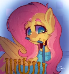 Size: 2494x2668 | Tagged: safe, artist:yumkandie, derpibooru import, fluttershy, pegasus, pony, candle, clothes, eye reflection, female, folded wings, freckles, hanukkah, head turned, high res, looking at something, mare, menorah, mouth hold, reflection, solo, sweater, sweatershy, wings