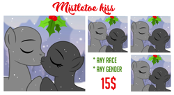 Size: 1200x654 | Tagged: safe, artist:jennieoo, derpibooru import, oc, commission, eyes closed, holly, holly mistaken for mistletoe, kissing, snow, snowfall, vector, your character here