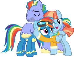 Size: 3857x3000 | Tagged: safe, artist:cloudyglow, derpibooru import, bow hothoof, rainbow dash, windy whistles, pegasus, pony, parental glideance, .ai available, clothes, female, goggles, hug, male, mare, simple background, stallion, transparent background, uniform, vector, wonderbolts uniform