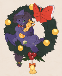 Size: 2288x2810 | Tagged: safe, artist:pledus, derpibooru import, oc, oc only, oc:fenris ebonyglow, pegasus, pony, bow, christmas, holiday, present, wreath