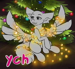 Size: 1880x1732 | Tagged: safe, artist:yuris, derpibooru import, oc, pegasus, pony, advertisement, any gender, auction, auction open, christmas, christmas tree, commission, ears back, garland, happy new year, holiday, new year, open mouth, smiling, solo, spread wings, tree, wings, ych sketch, your character here