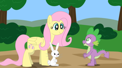 Size: 1920x1080 | Tagged: safe, artist:platinumdrop, derpibooru import, angel bunny, fluttershy, spike, dragon, pegasus, pony, rabbit, angry, animal, female, mare, smiling