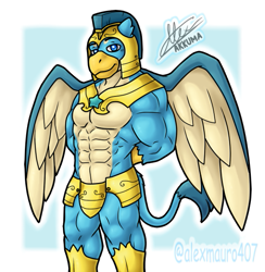 Size: 595x610 | Tagged: safe, artist:alexmauro407, derpibooru import, gallus, anthro, griffon, the last problem, arm behind back, armor, gallifts, helmet, male, muscles, muscular male, older, older gallus, royal guard, royal guard gallus, sexy, solo, stupid sexy gallus, unconvincing armor