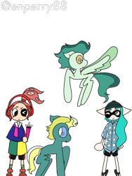 Size: 3000x4000 | Tagged: safe, artist:enperry88, derpibooru import, end zone, ocarina green, earth pony, pegasus, pony, collaboration, aloha shirt, cap, clothes, collage, crossover, dadfoot sandals, devil horn (gesture), enperry (splatoon), flip flops, flying, friendship student, gesture, hat, headphones, inkling, inkling girl, looking at each other, looking at someone, octoling, octoling girl, shirt, shoes, simple background, skalop (splatoon), splatoon, splatoon 3, spread wings, transparent background, wings, zink (splatoon)