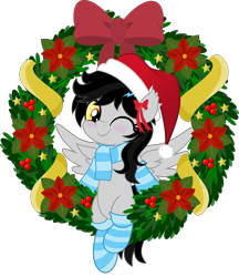 Size: 4320x5000 | Tagged: safe, artist:jhayarr23, derpibooru import, oc, oc only, oc:lightning dee, pegasus, pony, bow, christmas, clothes, colored sclera, commission, ear bow, fangs, female, hat, holiday, mare, one eye closed, santa hat, scarf, simple background, sitting, socks, solo, spread wings, striped socks, transparent background, wings, wink, wreath, ych result