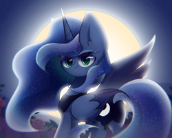 Size: 2500x2000 | Tagged: safe, artist:miryelis, derpibooru import, princess luna, alicorn, pony, flower, horn, long hair, looking at you, moon, night, sky, smiling, smiling at you, solo, standing, stars, wings