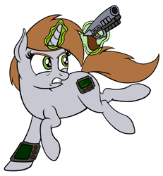 Size: 1000x1080 | Tagged: safe, artist:roseluck, derpibooru exclusive, derpibooru import, oc, oc only, oc:littlepip, pony, unicorn, fallout equestria, 12.7mm pistol, colored sketch, female, full body, glowing, glowing horn, gritted teeth, gun, handgun, horn, looking back, magic, magic aura, mare, pipbuck, pistol, running, simple background, solo, tail, teeth, telekinesis, three quarter view, unicorn oc, weapon, white background