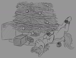 Size: 1280x981 | Tagged: safe, artist:stray prey, derpibooru import, oc, oc only, oc:lucent, pony, unicorn, belly, bondage, christmas, christmas tree, holiday, lying down, on back, solo, sternocleidomastoid, tree