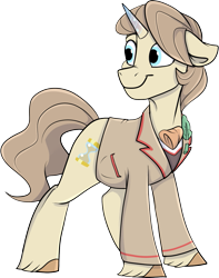 Size: 927x1175 | Tagged: safe, artist:rutkotka, derpibooru import, oc, oc only, oc:5th doctor, pony, unicorn, 2023 community collab, clothes, commission, derpibooru community collaboration, horn, jacket, male, simple background, smiling, solo, stallion, standing, sternocleidomastoid, transparent background, unicorn oc, your character here