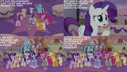 Size: 4400x2475 | Tagged: safe, derpibooru import, edit, edited screencap, editor:quoterific, screencap, applejack, fluttershy, pinkie pie, rainbow dash, rarity, spike, starlight glimmer, twilight sparkle, twilight sparkle (alicorn), alicorn, the last problem, clothes, coronation dress, dress, mane six, second coronation dress