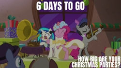 Size: 1920x1080 | Tagged: safe, derpibooru import, edit, edited screencap, editor:quoterific, screencap, dj pon-3, octavia melody, pinkie pie, vinyl scratch, a hearth's warming tail, 6, phonograph, present, spirit of hearth's warming presents, victrola scratch, wax cylinder