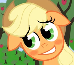 Size: 683x602 | Tagged: safe, artist:ponywarlord777, derpibooru import, applejack, earth pony, pony, adobe animate, apology, apple, apple tree, blushing, ears, floppy ears, grin, nervous, nervous grin, puppy dog eyes, smiling, solo, tree