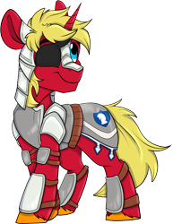 Size: 1053x1364 | Tagged: safe, derpibooru import, oc, oc only, oc:steel prism, 2023 community collab, armor, derpibooru community collaboration, eyepatch, male, simple background, smiling, solo, stallion, transparent background