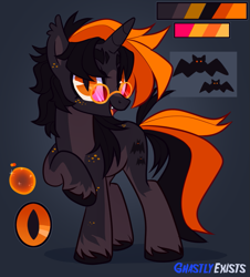 Size: 907x1004 | Tagged: safe, artist:ghastlyexists, derpibooru import, oc, oc only, oc:hijinx, pony, unicorn, cutie mark, digital art, fangs, freckles, glasses, horn, long mane, looking at you, raised hoof, raised leg, reference sheet, show accurate, simple background, standing, tail, unshorn fetlocks, watermark