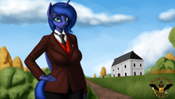 Size: 7680x4320 | Tagged: safe, artist:tsaritsaluna, derpibooru import, princess luna, alicorn, anthro, clothes, looking at you, necktie, solo, suit, tree