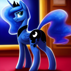 Size: 1024x1024 | Tagged: safe, derpibooru import, editor:dovakkins, generator:stable diffusion, machine learning generated, princess luna, alicorn, pony, beautiful, butt, crown, cute, ethereal mane, ethereal tail, female, galaxy mane, jewelry, looking at you, lunabetes, mare, moonbutt, peytral, plot, regalia, smiling, smiling at you, solo, tail