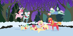 Size: 4320x2160 | Tagged: safe, anonymous artist, derpibooru import, alice the reindeer, aurora the reindeer, big macintosh, bori the reindeer, fluttershy, gentle breeze, posey shy, oc, oc:late riser, deer, earth pony, pegasus, pony, reindeer, series:fm holidays, series:hearth's warming advent calendar 2022, advent calendar, christmas, colt, doe, female, first aid kit, fluttermac, flying, foal, frown, glasses, glasses on head, grandma got run over by a reindeer, high res, holiday, hoofprints, lineless, male, mare, night, offspring, open mouth, parent:big macintosh, parent:fluttershy, parents:fluttermac, pointy ponies, shipping, snow, stallion, straight, swirly eyes, the gift givers, winter