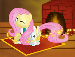 Size: 1500x1140 | Tagged: safe, artist:andromedasparkz, derpibooru import, angel bunny, fluttershy, pegasus, pony, rabbit, animal, clothes, female, fireplace, mare, one eye closed, rug, scarf, wink